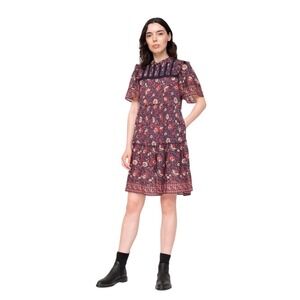 Sea New York Floral Dress Sz 00 Navy Burgundy Tiered Boho Designer Cottagecore
